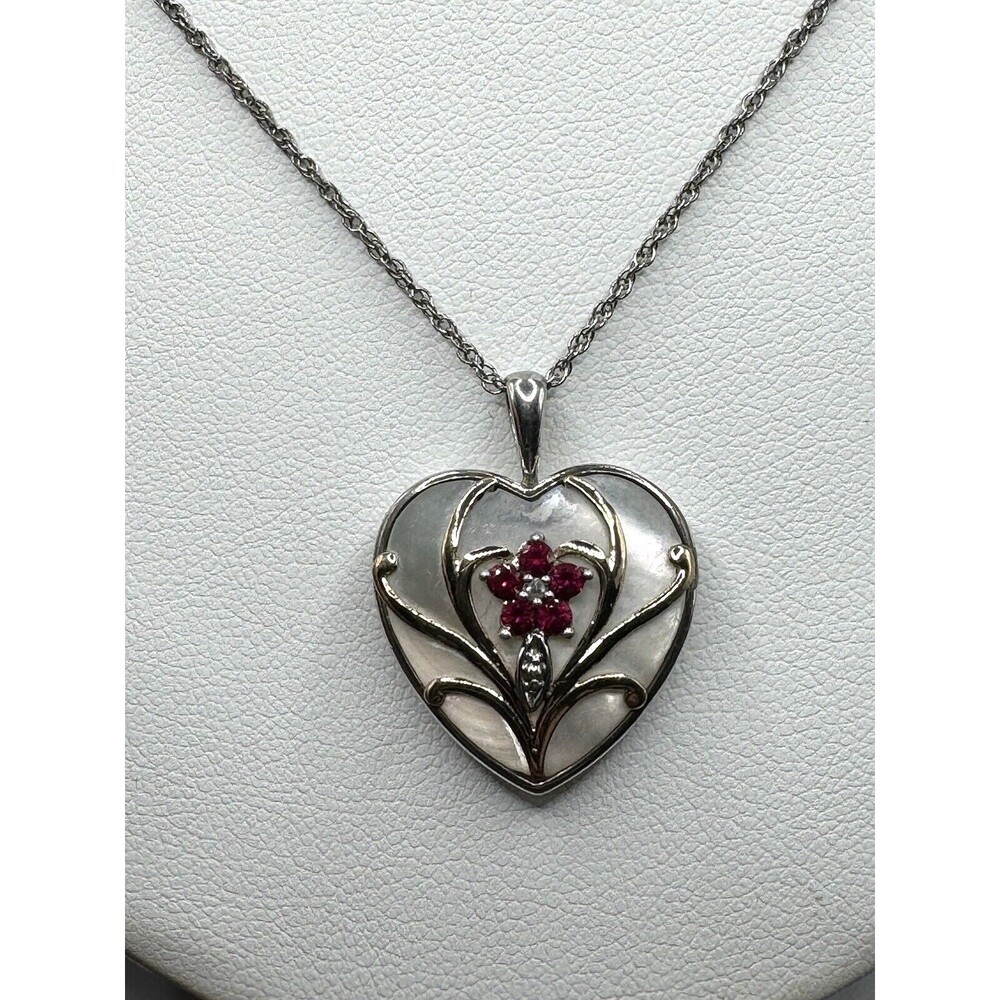 Sterling 14K Heart Pendant Dainty Necklace Mother of Pearl 19" Chain Stamped